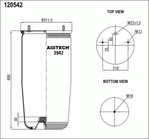 3942P AIRTECH Пневмопод.без стак. h600 2шп.m12смещ.25. 1отв.штуц.m22. н: 1шп.m16 bpw36-1 (фото 1)