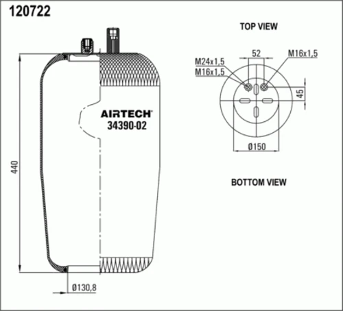 34390-02P AIRTECH Пневмоподушка без стак. 2шп-шт.m16+m16/24 смещ.26 н:отв.d130.8 мв actros (фото 1)