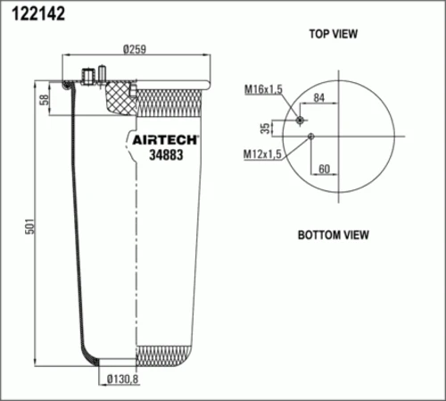 34883P AIRTECH Пневмопод. без стак. 1шп-шт.m16 смещ.84 1шп.m12 низ: отв.d130.8 man tga (фото 1)