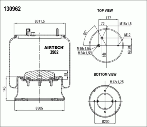 3902K AIRTECH Пневмопод. со стак. 1шп.m12 2шп-шт.m16+m16/24 порш. сталь 4отв.m12 rvi magnum (фото 1)