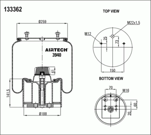 3940KPP AIRTECH Пневмопод.со стак. 940mb h423 2шп.m12смещ.25. 1отв.штуц.m22. поршень пластик b (фото 1)