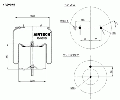 34913K AIRTECH Пневмоподушка со стак. 4913np02 h485 2шп.d12.1отв.шт.m16.порш.мет.1отв.d15.1отв d16 scania (фото 1)