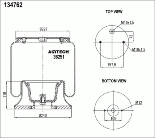 36251K AIRTECH Пневмопод. со стак. подв ось 2отв.m12 1отв.шт.м16 порш. сталь2отв.м12 scania 3/4-ser. (фото 1)