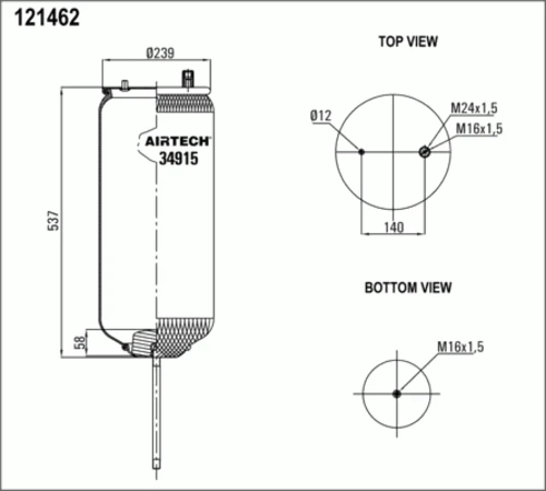 34915P AIRTECH Пневмоподушка без стак. 1шп.м12, 1шп.шт. м16х1,5 м24х1,5, 1шт. м16х1,5 rvi magnum/premium (фото 1)