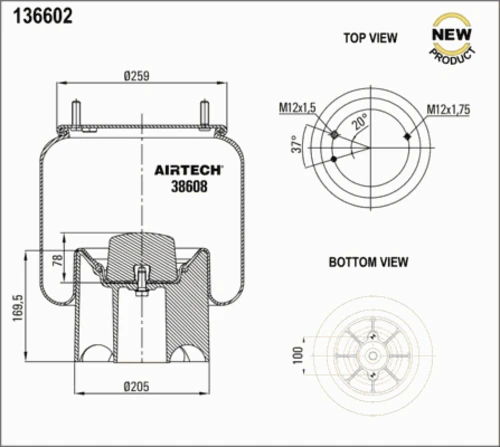 38608KPP AIRTECH Пневмоподушка со стак. пласт. 2шп.m12x1.75, 1шп.шт.m12x1.5,низ.2отв. ror (фото 1)