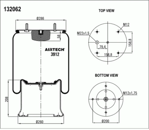 3912K AIRTECH Пневмопод.со стак 912mb 4шп.m12x1.75. 1отв. штуц. m22. поршень 4отв.m12x1.75 ror 9000m, saf (фото 1)