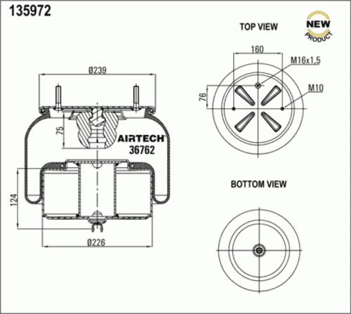 36762K AIRTECH Пневмоподушка со стак. перед. 2шп.м10х1.5 1шт. volvo fm7-fm12/fh12/fss air/chh low/xlow (фото 1)