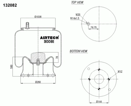 30081K AIRTECH Пневмопод. со стак. 1шп-шт.m14/20 смещ.78 поршень металл 4отв.m12 mb,mb,hendrickson,samro (фото 1)