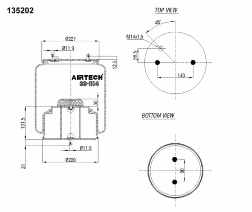 331114K AIRTECH Пневмопод. со стак. 2шп.d11.9 1отв-шт.м14 поршень сталь 2шп.d11.9 omn scania 4-ser. (фото 1)