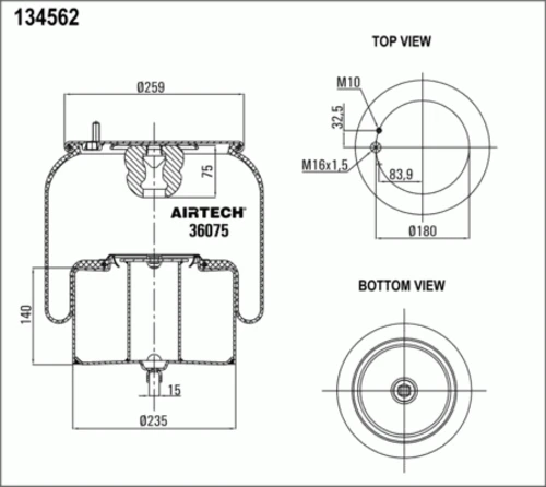 36075K AIRTECH Пневмопод. со стак. 2шп.m10 смещ.32 1отв-шт.m16 порш. сталь volvo fm7/12 fh12/16 (фото 1)