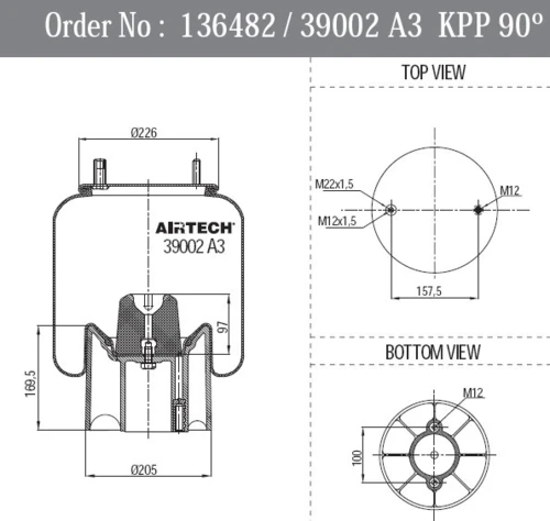 39002-A3KPP-90 AIRTECH Пневмопод. со стак. 1шп.m12 1шп-шт.m12/m22 порш. пластик 2отв.m12-пов.90град. ror (фото 1)