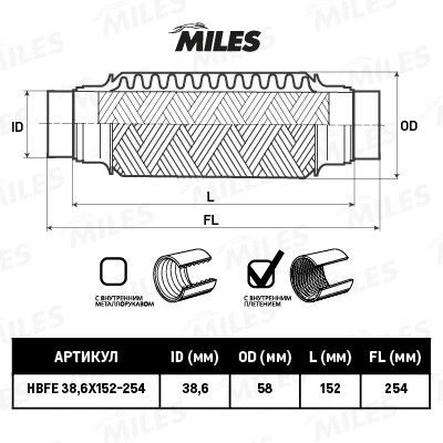 HBFE38.6X152-254 MILES Гофрированная труба, выхлопная система (фото 2)