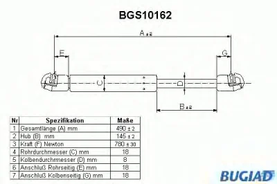 BGS10162 BUGIAD Газовый амортизатор крышки багажника, заднего стекла, капота