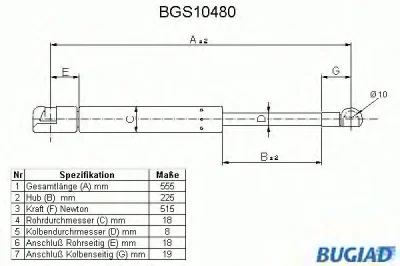 BGS10480 BUGIAD Газовый амортизатор крышки багажника, заднего стекла, капота