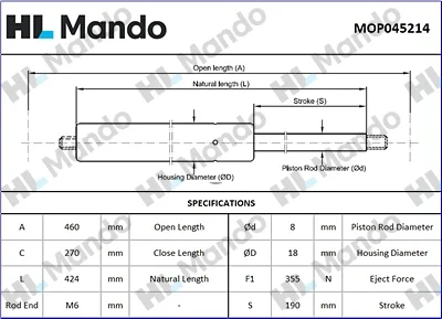 Газовая пружина, крышка багажник MANDO MOP045214