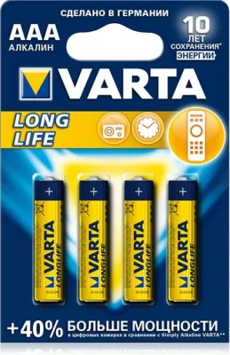Батарейка ААА Longlife 1,5 V алкалиновая 4 штуки VARTA 04103113414