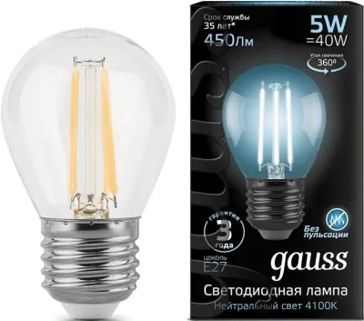 Лампа светодиодная E27 Filament G45 5 Вт 4100K Gauss 105802205