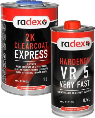 Лак акриловый быстросохнущий прозрачный лак качества HS (High Solid). Используется с отвердителем (RADEX VR 5 (RAD810105) в пропорции 2:1. Факт-й VOC 620г/л., 1 л RADEX RAD810002