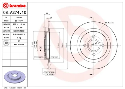 08.A274.10 BREMBO Тормозной диск