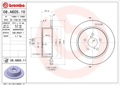 08.A605.11 BREMBO Тормозной диск