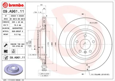 09.A961.11 BREMBO Тормозной диск