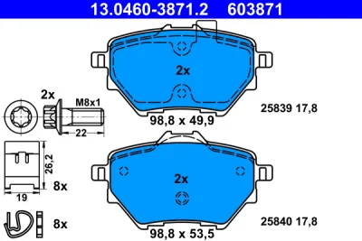 Комплект тормозных колодок, дисковый тормоз ATE 13.0460-3871.2