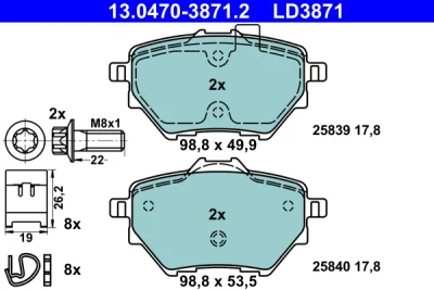 Комплект тормозных колодок, дисковый тормоз ATE 13.0470-3871.2