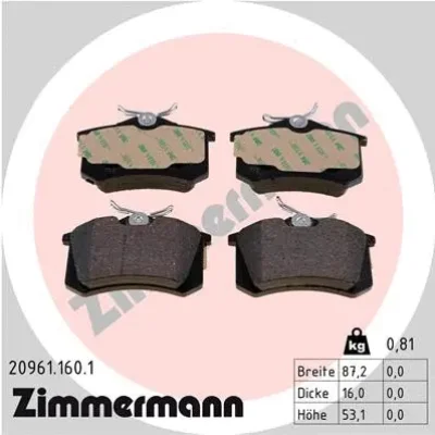 Комплект тормозных колодок, дисковый тормоз ZIMMERMANN 20961.160.1