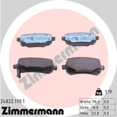 Комплект тормозных колодок, дисковый тормоз ZIMMERMANN 24822.170.1