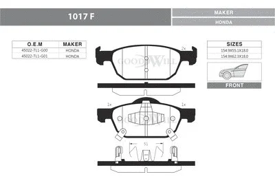 Комплект тормозных колодок, дисковый тормоз GOODWILL 1017 F