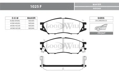 Комплект тормозных колодок, дисковый тормоз GOODWILL 1025 F