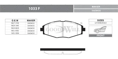Комплект тормозных колодок, дисковый тормоз GOODWILL 1033 F