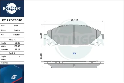 Комплект тормозных колодок, дисковый тормоз ROTINGER RT 2PD22010