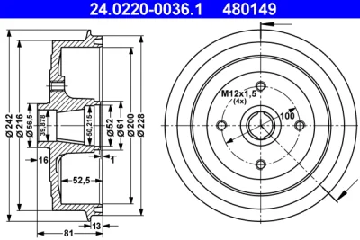 24.0220-0036.1 ATE Тормозной барабан