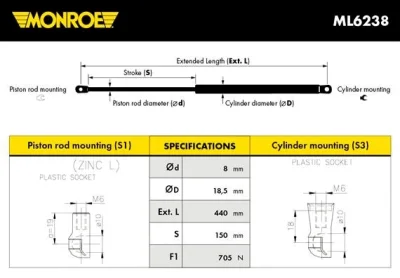 Газовая пружина, крышка багажник MONROE ML6238